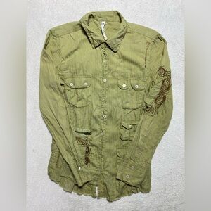 Women’s Olive Green Lightweight y2k Shirt Jacket with Embroidered Sleeve